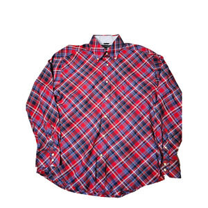 Tommy Hilfiger Mens Dress Shirt Large Red Plaid Long Sleeve Reverse Cuff